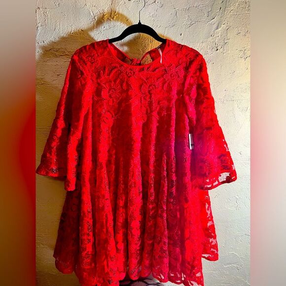 Free People Dress NWT-retails $198, Elegant Mini Red Lace, Flowy, oversized - Picture 1 of 14